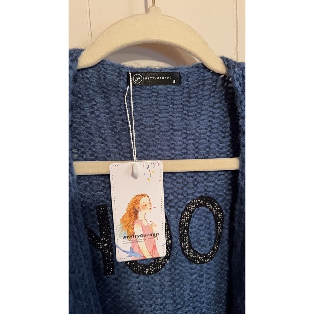 PrettyGarden Blue Knit Cardigan with 'Rock & Love' Design - Picture 2 of 3